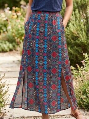 Maurices Skirt Slits Side Small Blue Red Tribal Maxi Elastic Waist